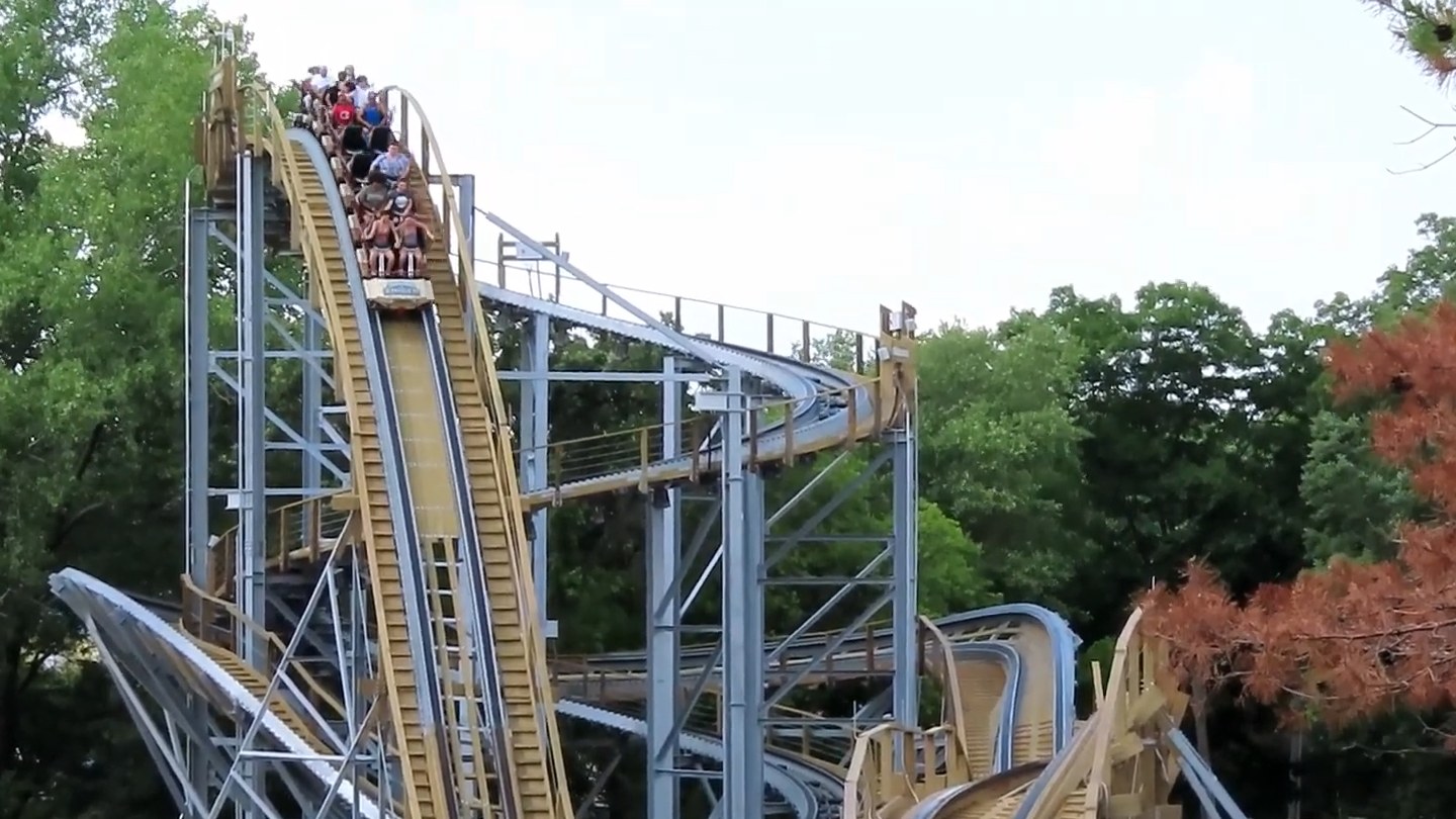 Train descending the first drop of Zambezi Zinger at Worlds of Fun
