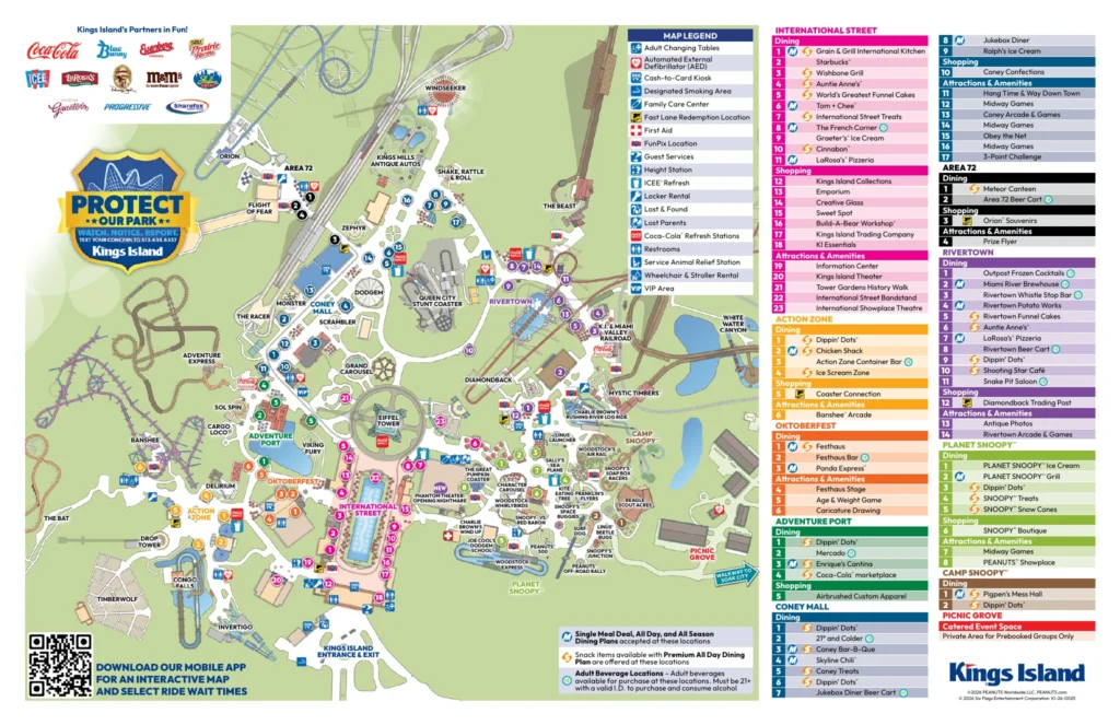 Kings Island operator map showing attractions, paths and the map symbol key