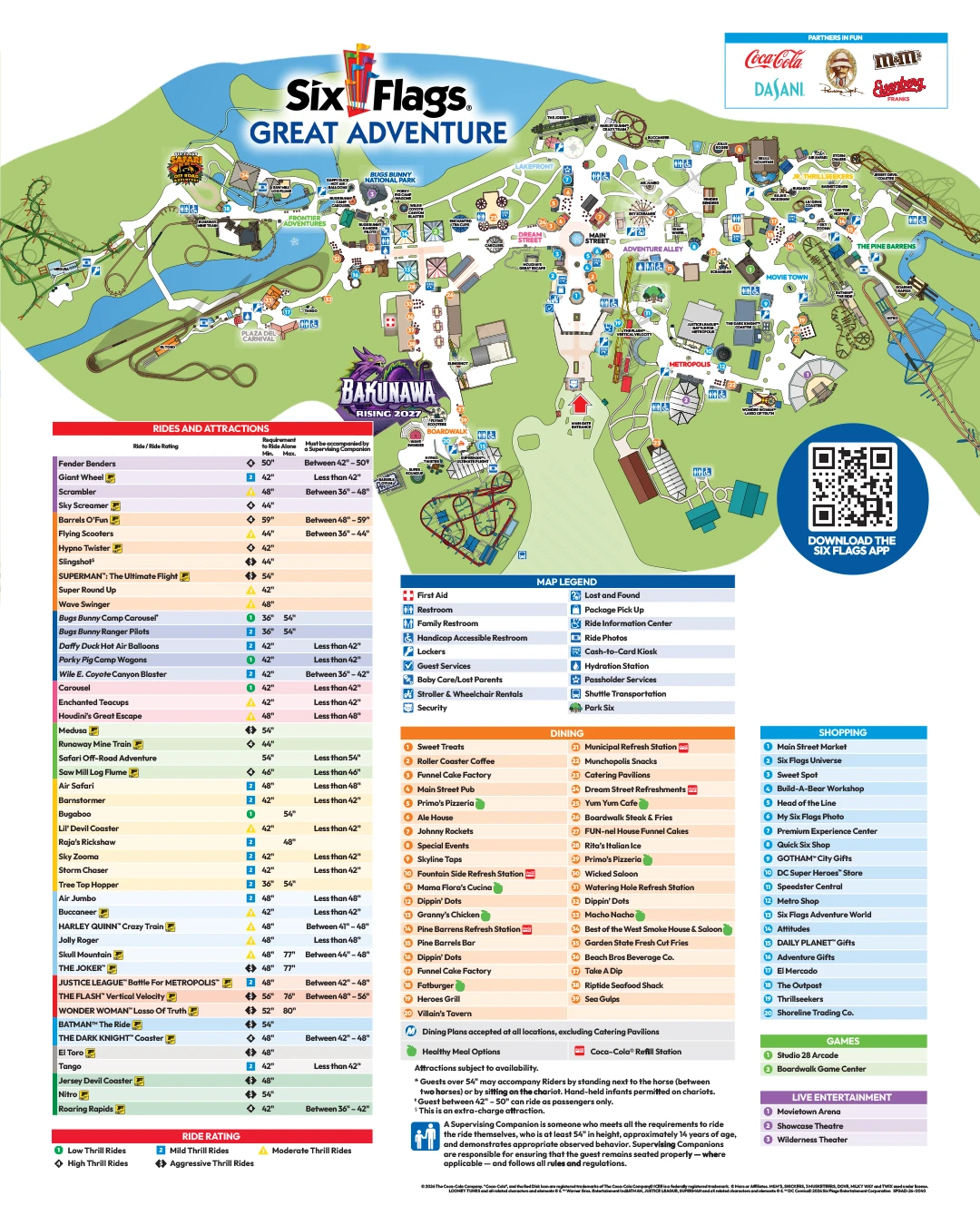 Six Flags Great Adventure operator map showing attractions, paths and the map symbol key