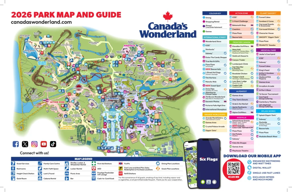 Canada’s Wonderland operator map showing attractions, paths and the map symbol key
