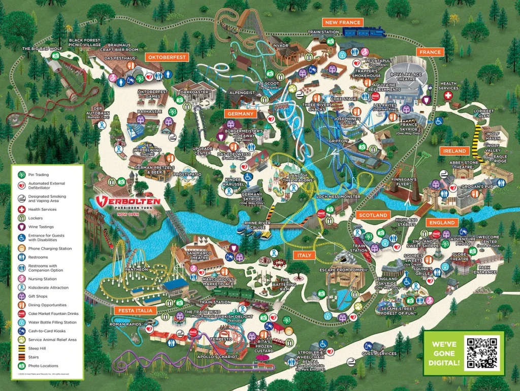 Busch Gardens Williamsburg operator map showing attractions, paths and the map symbol key