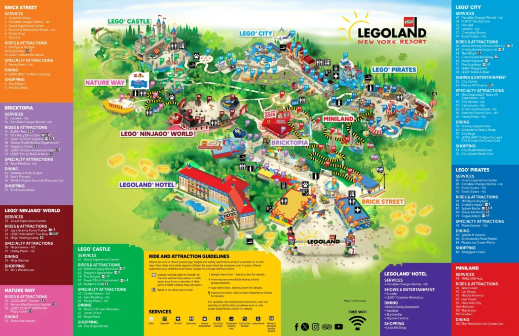LEGOLAND New York operator map showing attractions, paths and the map symbol key