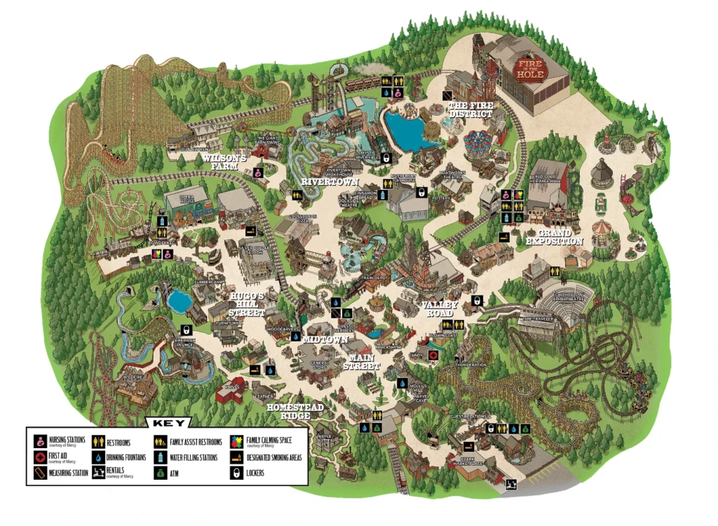 Silver Dollar City operator map showing attractions, paths and the map symbol key