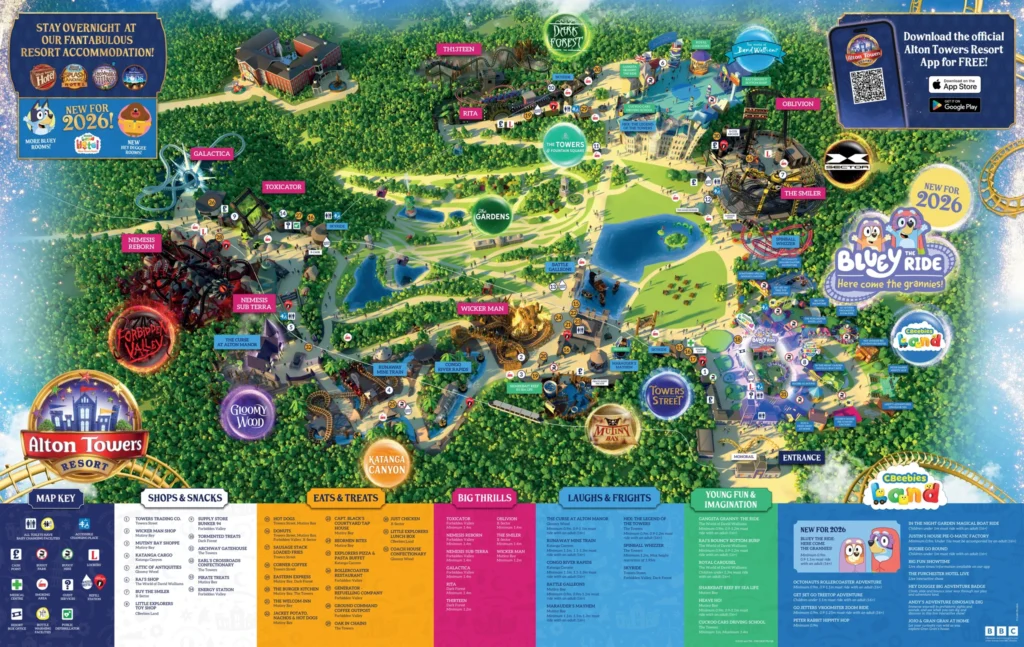 Alton Towers operator map showing attractions, paths and the map symbol key