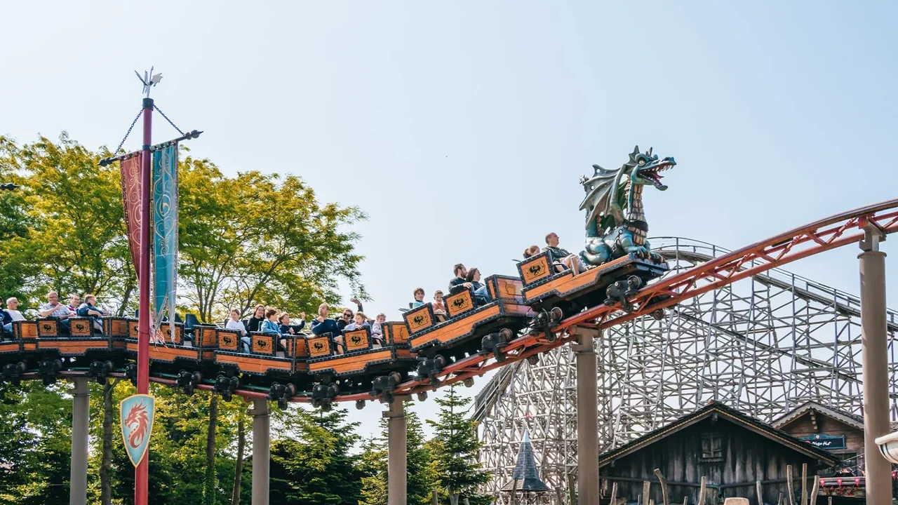 Draconis dragon coaster and Schemermeer scenery at Plopsaland Belgium