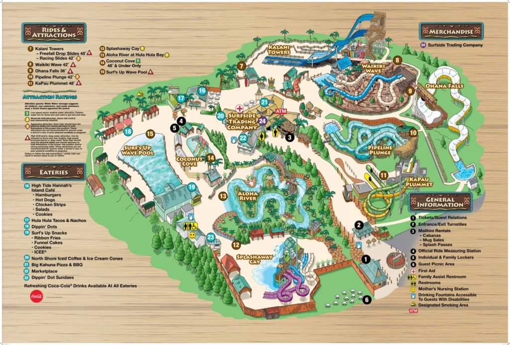 White Water Branson operator map with attraction, route and service labels