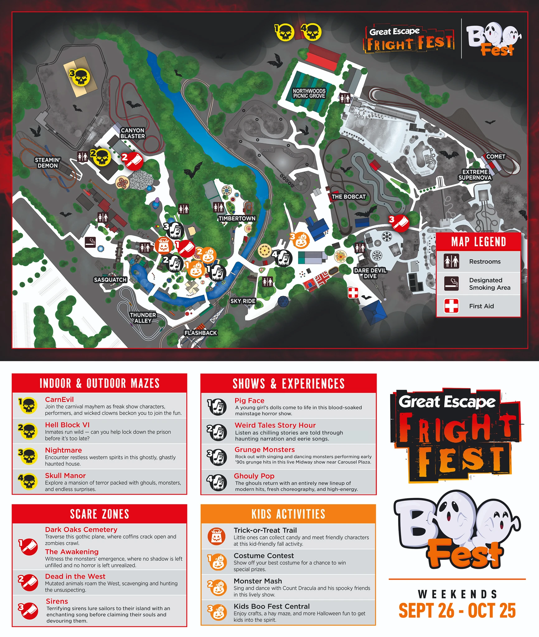 Great Escape 2026 Fright Fest operator map with seasonal event legend