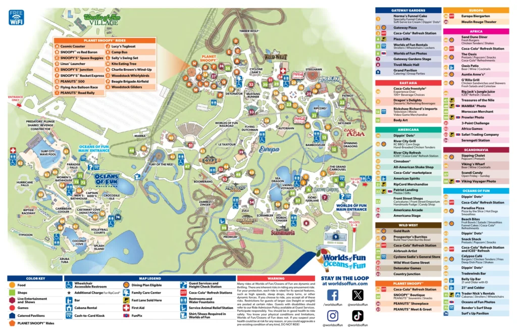 Worlds of Fun operator map showing attractions, paths and the map symbol key