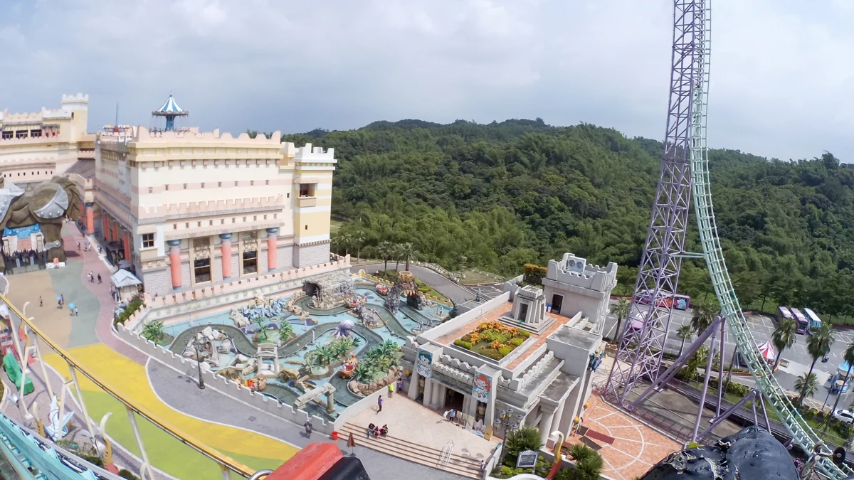 Elevated view across E-DA Theme Park rides