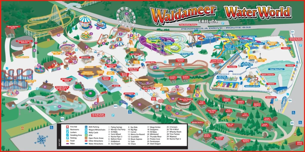 Waldameer and Water World operator map with attraction, route and service labels