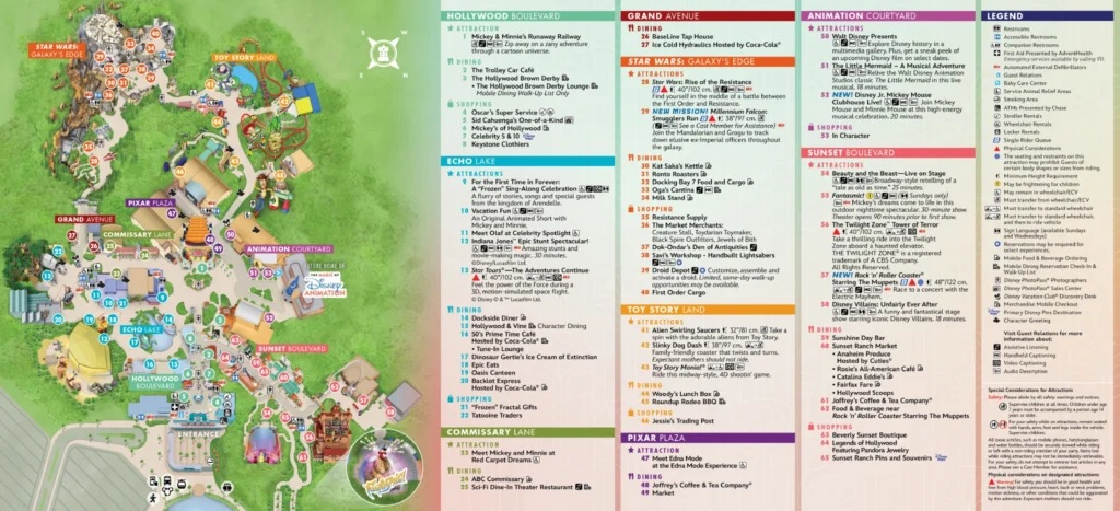 Hollywood Studios operator map showing attractions, paths and the guest service key