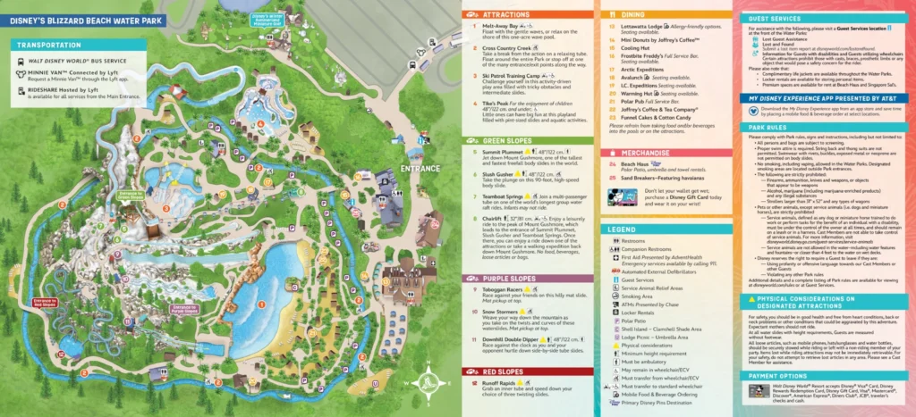 Blizzard Beach operator map showing attractions, paths and the guest service key