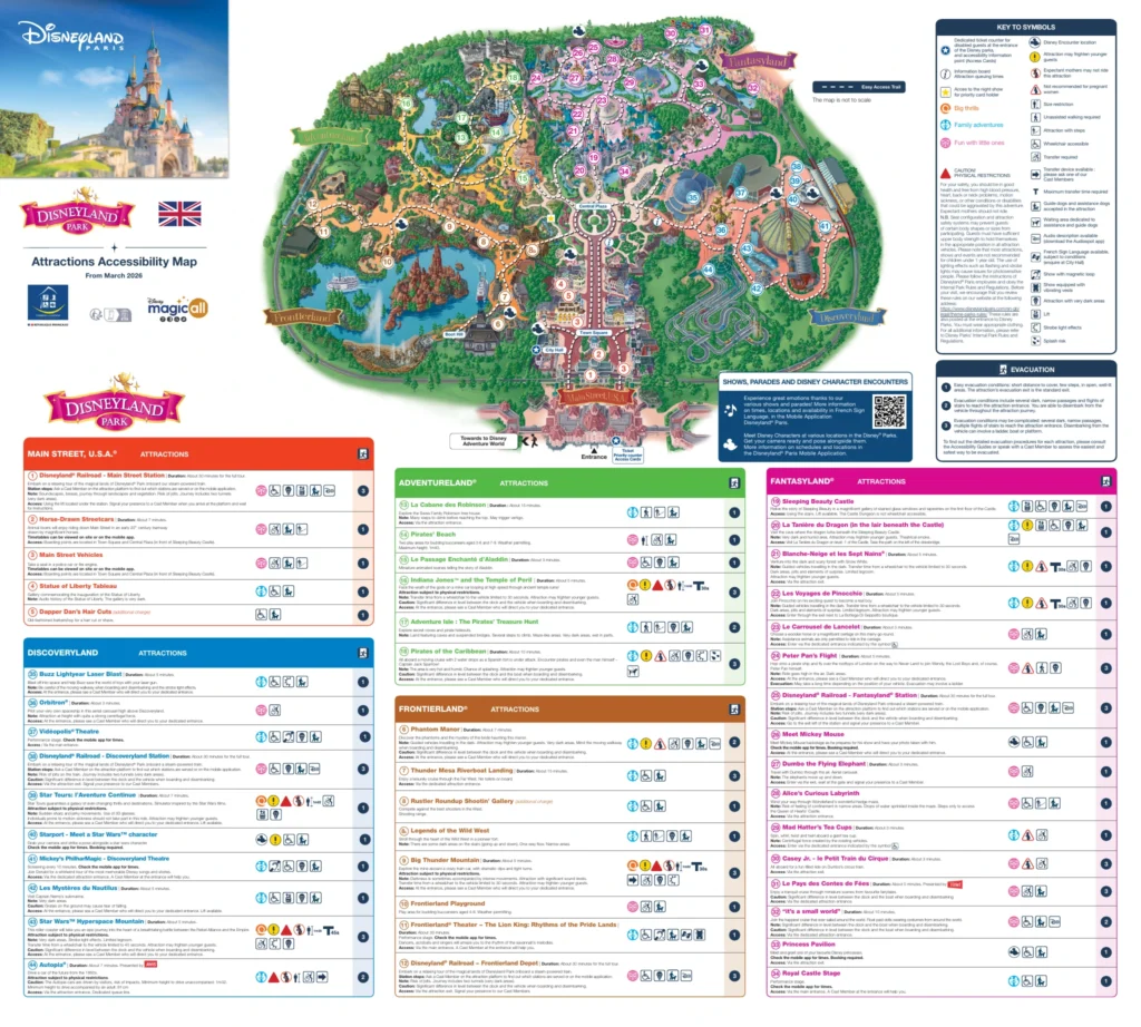 Disneyland Park Paris official accessibility map with numbered attractions and access legend