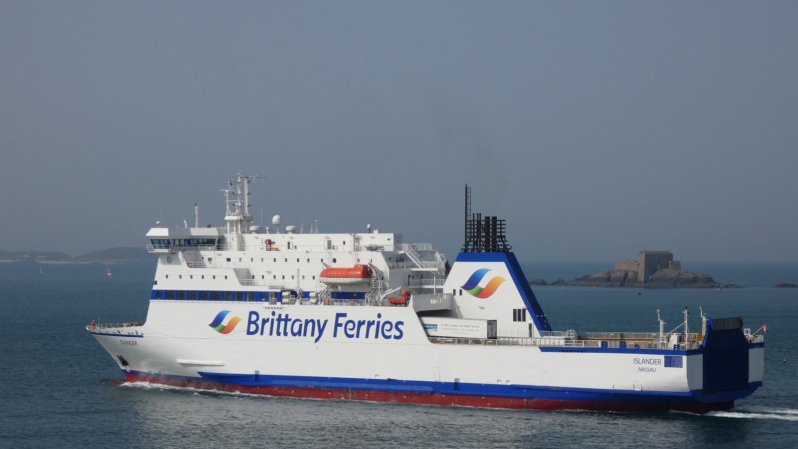 MV Islander ferry in Brittany Ferries colours departing port, the vessel serving the Guernsey Portsmouth and Cherbourg timetable.