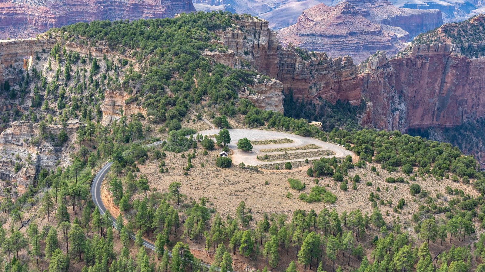 Aerial view of Cape Royal Road and the overlook parking loop on the North Rim of Grand Canyon National Park