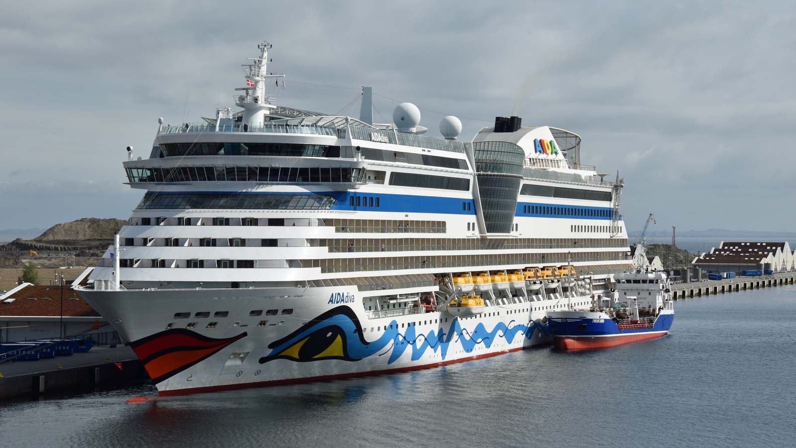 Cruise ship AIDAdiva docked at a cruise terminal in Copenhagen