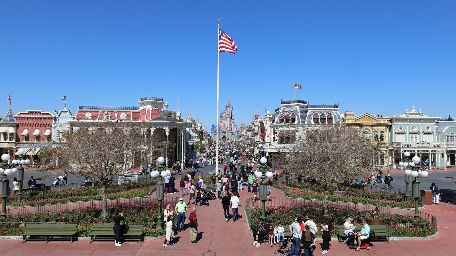 Main Street, U.S.A. at Magic Kingdom in Walt Disney World looking toward Cinderella Castle
