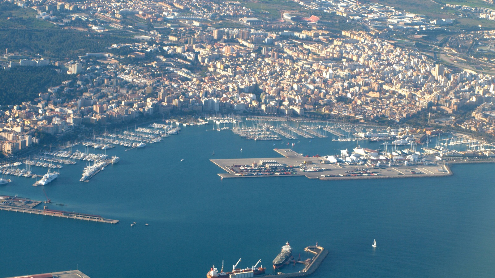 Aerial view of the Port of Palma de Mallorca harbor, marina basins, and waterfront berths