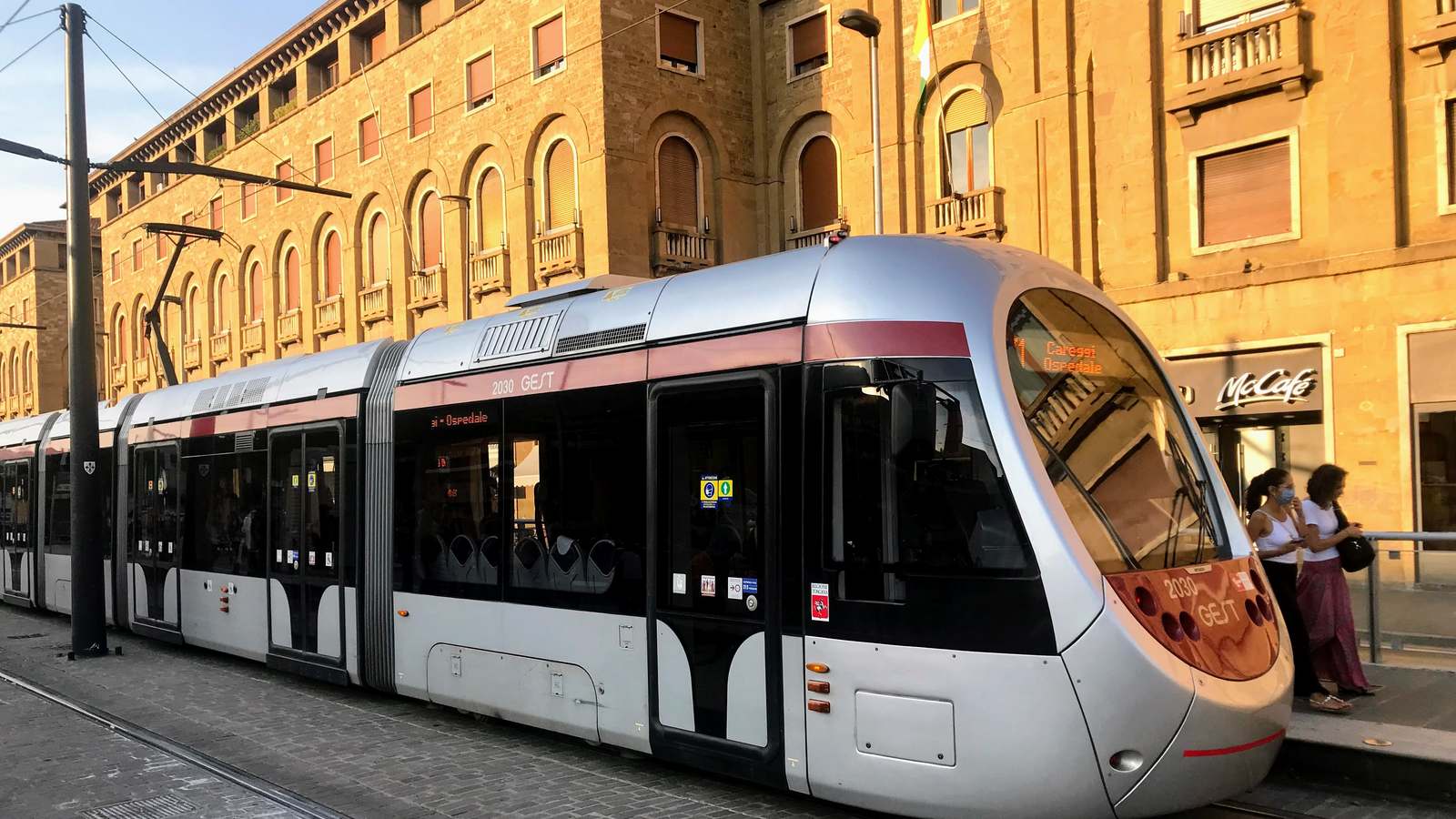 GEST tram 2030 at the Valfonda stop beside Santa Maria Novella in Florence