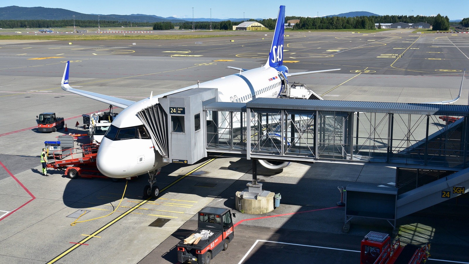 SAS Airbus A320neo parked at a jet bridge gate at Oslo Gardermoen airport