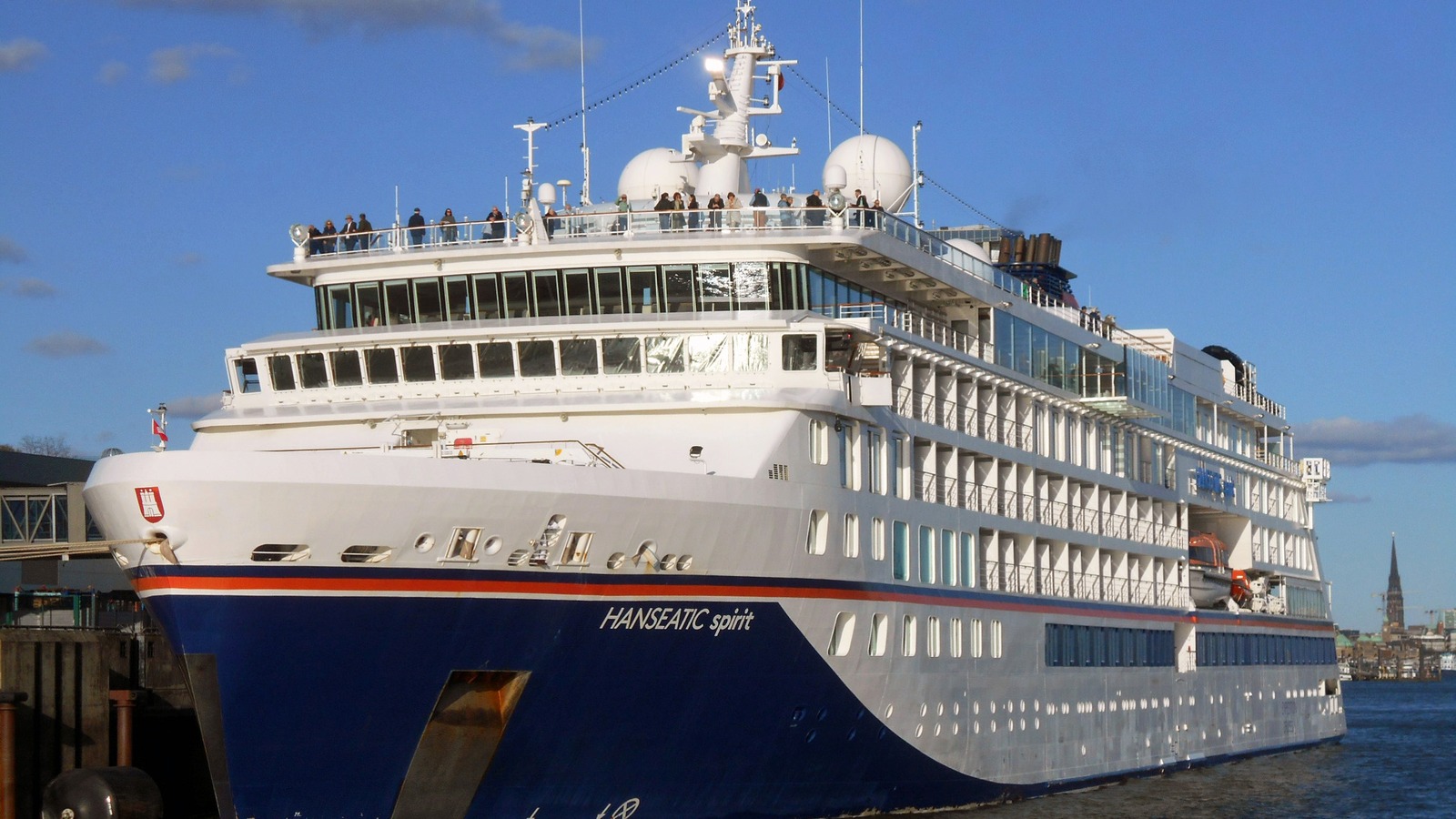 Hanseatic Spirit docked in Hamburg in April 2025, with its name visible on the bow
