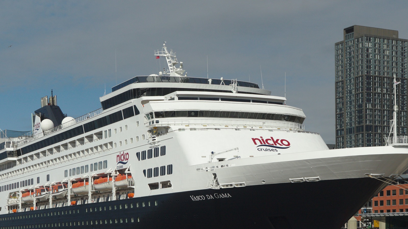 Vasco da Gama cruise ship berthed at Liverpool Cruise Terminal, starboard side from the bow