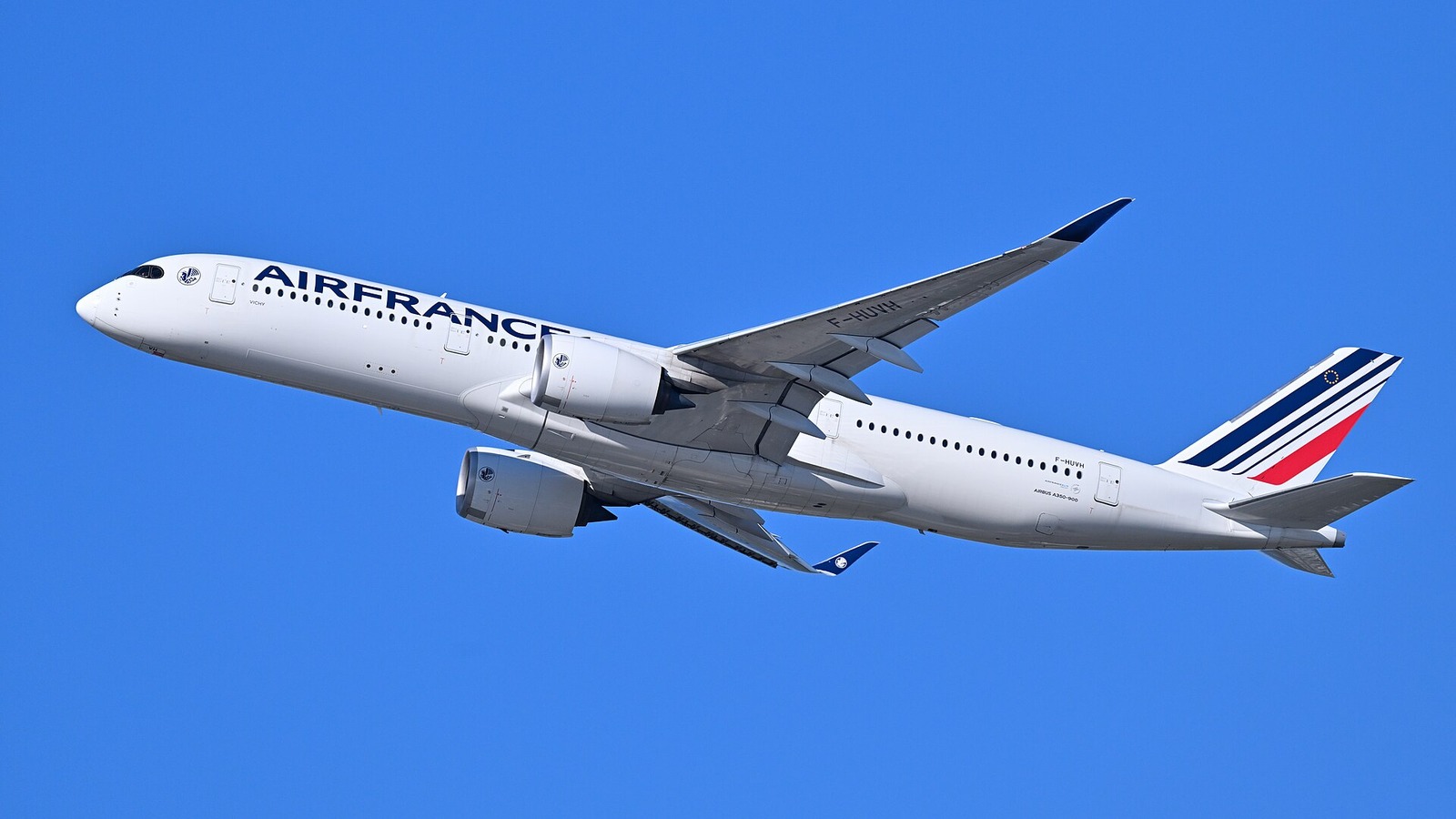 Air France Airbus A350-900 climbing after departure from Boston