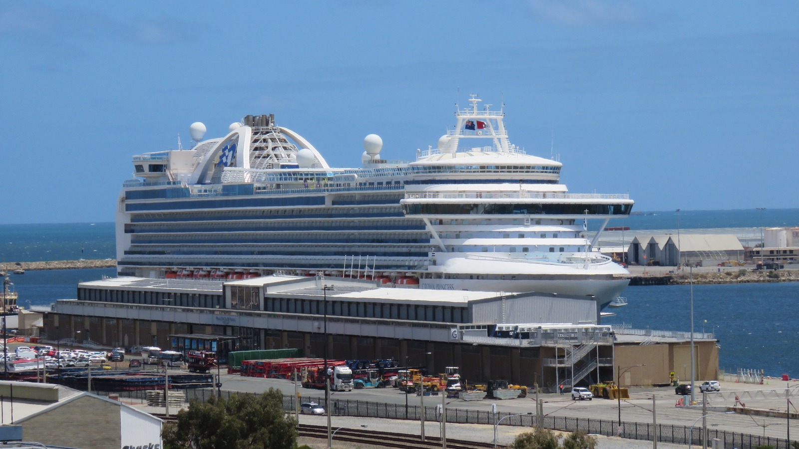 Crown Princess docked at Fremantle Harbour in November 2024, with the Princess seahorses visible on the white superstructure.