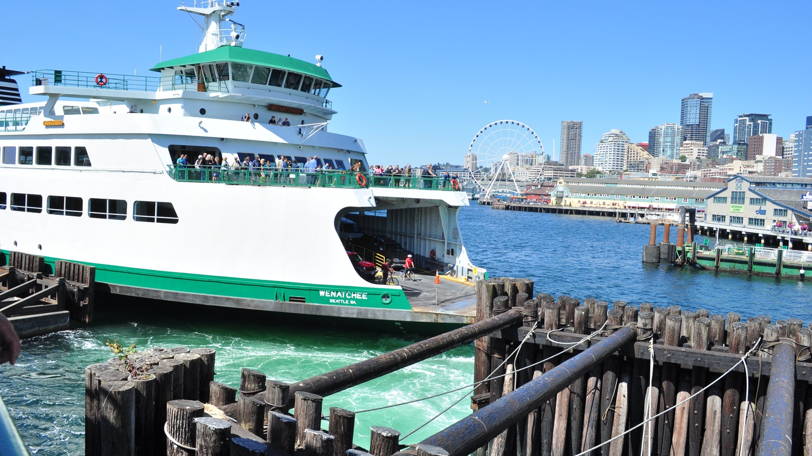 Washington State Ferries vessel M/V Wenatchee approaching Colman Dock in Seattle on a clear day