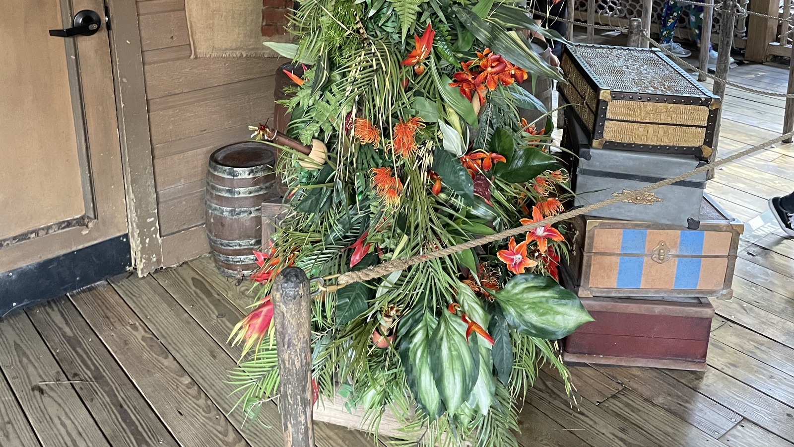 Christmas tree made with tropical foliage in the Jungle Cruise queue at Magic Kingdom in November 2020.