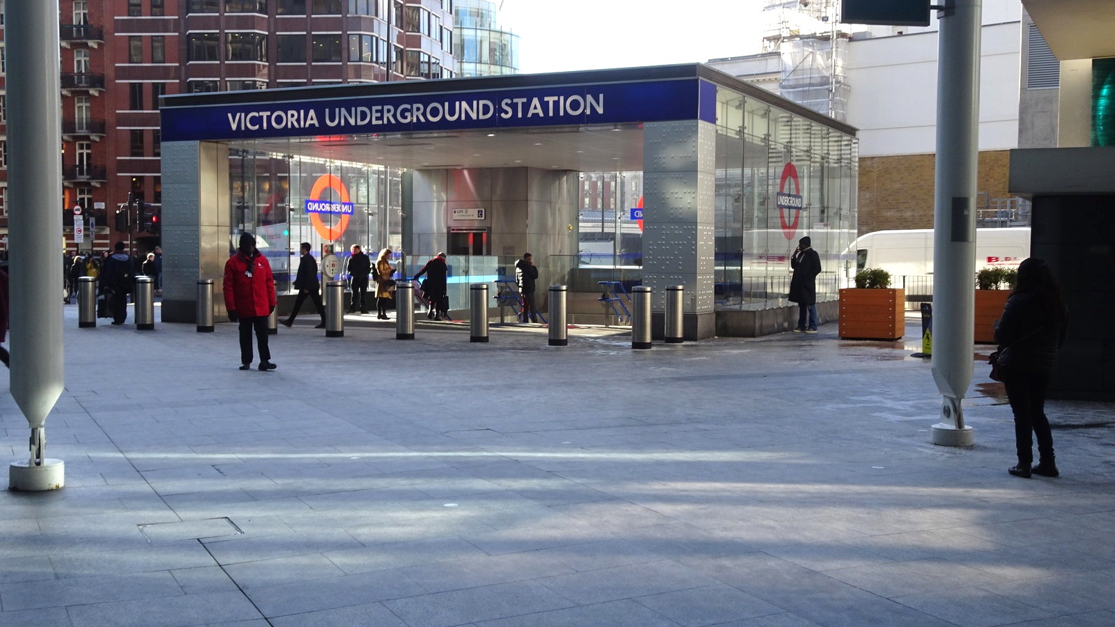 Street-level glass entrance pavilion at Victoria Underground station in London
