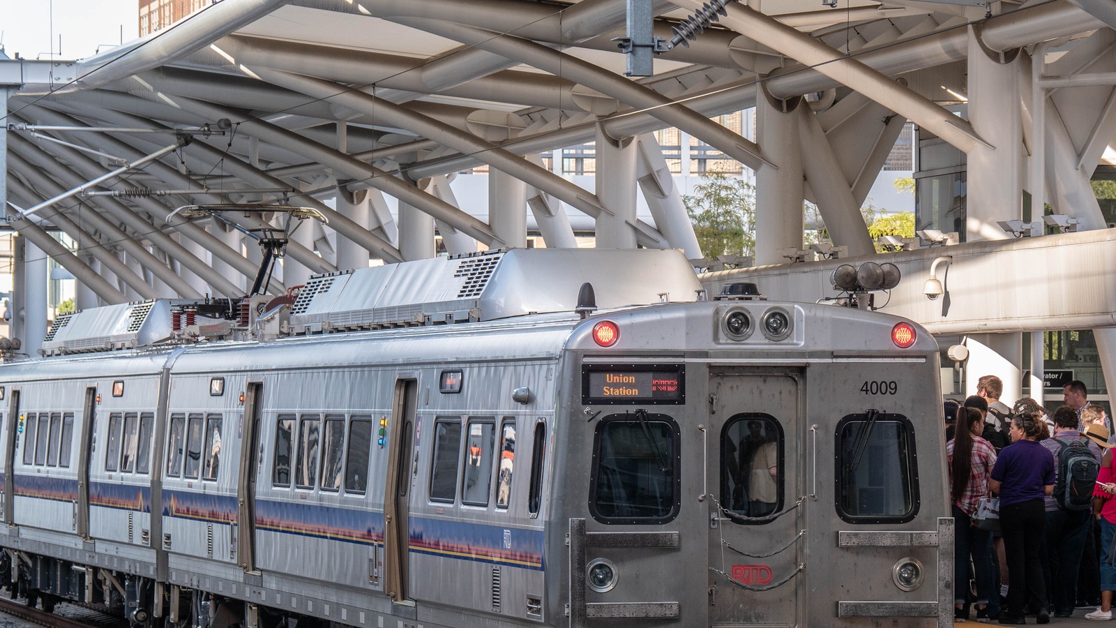 An RTD A Line commuter train at Denver Union Station, the downtown terminal for airport rail service to Denver International Airport.