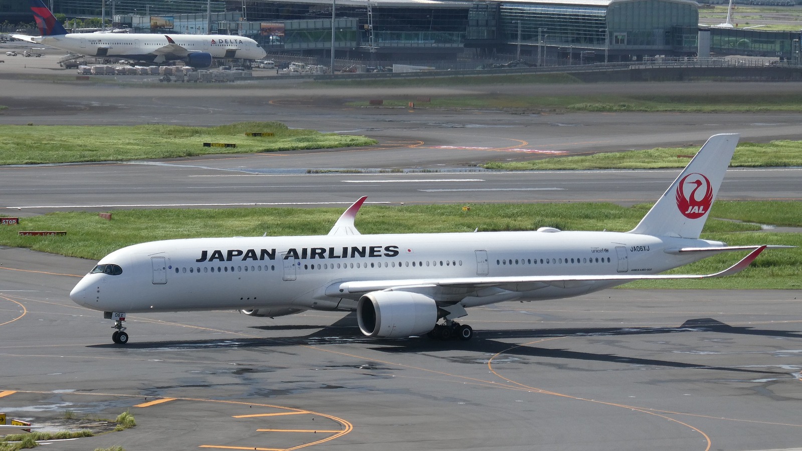 A Japan Airlines Airbus A350-900 taxiing at Tokyo Haneda Airport