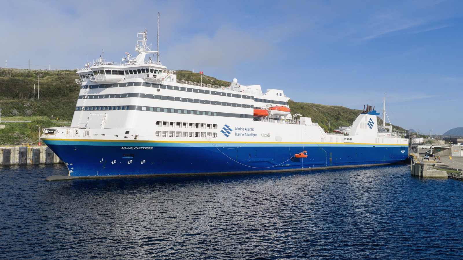MV Blue Puttees at the Port aux Basques ferry terminal on June 26, 2026, before the current weather advisory