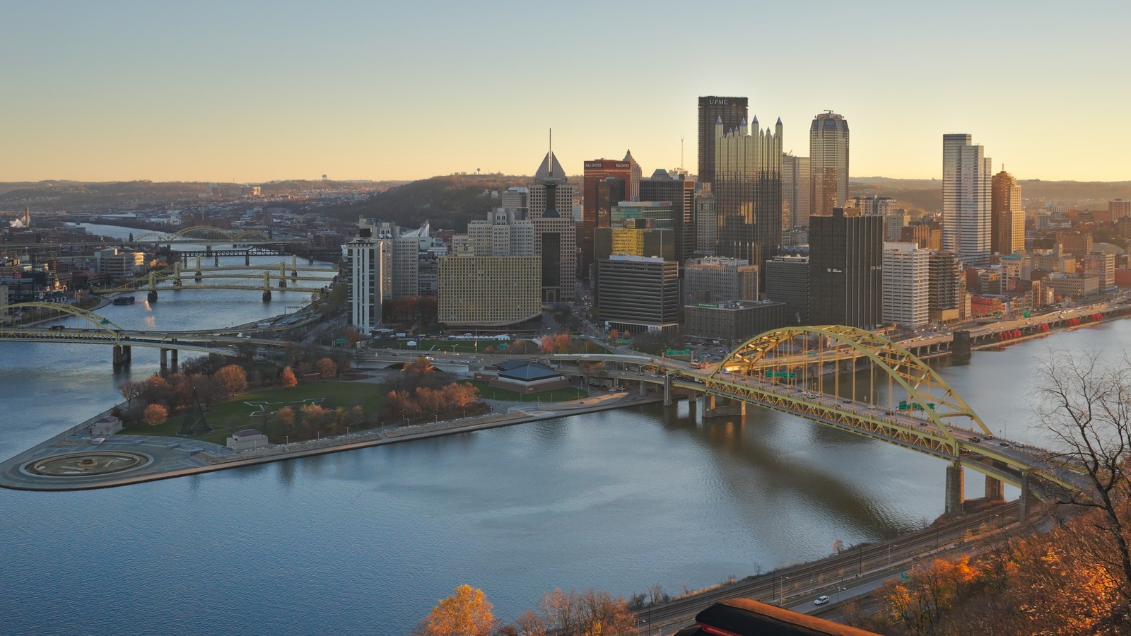 Downtown Pittsburgh skyline and yellow bridges at the Point, viewed from the Duquesne Incline in morning light