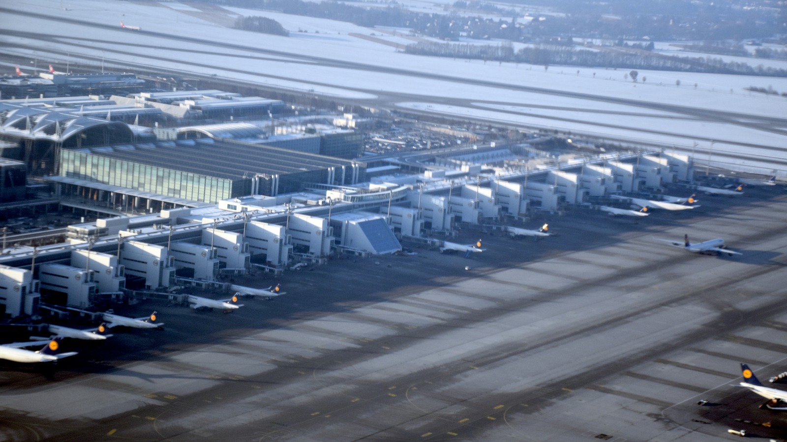 Aerial view of Munich Airport Terminal 2, near the planned arena hotel campus