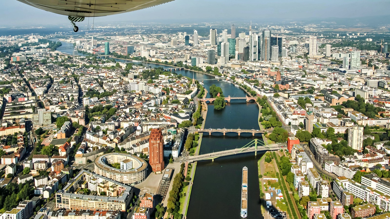 Aerial view of Frankfurt Sachsenhausen and the downtown skyline across the Main River
