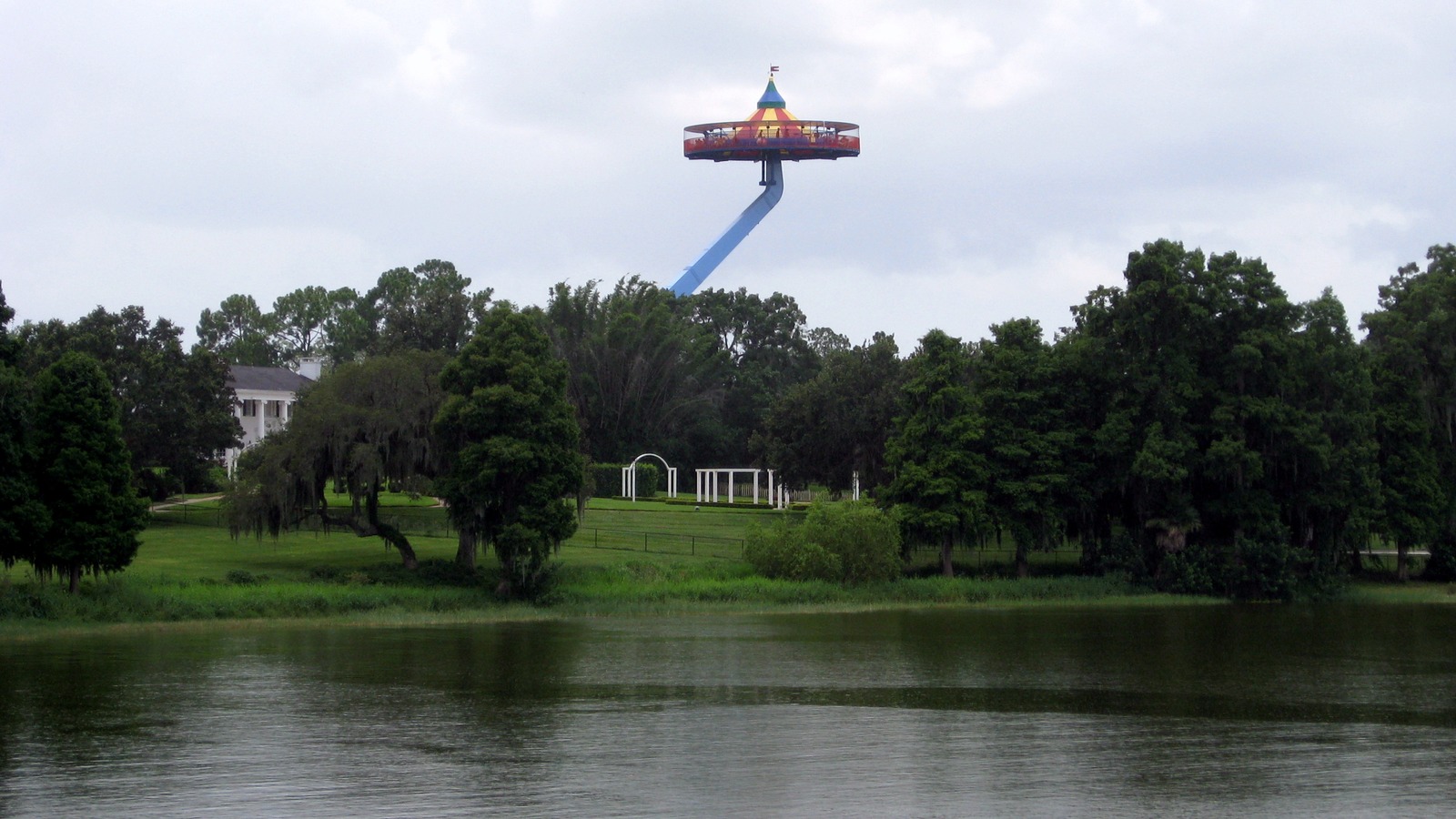 Island in the Sky observation ride and LEGOLAND Florida park grounds in Winter Haven, seen across the water ski show lake.