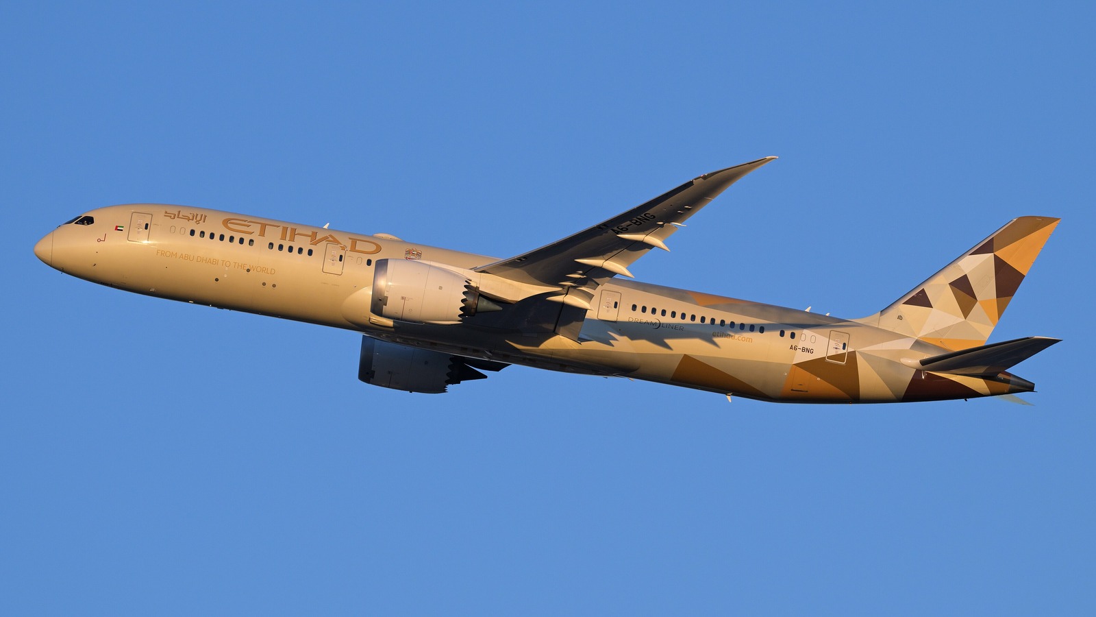 Etihad Airways Boeing 787-9 climbing after departure from Boston in a November 2025 file photo