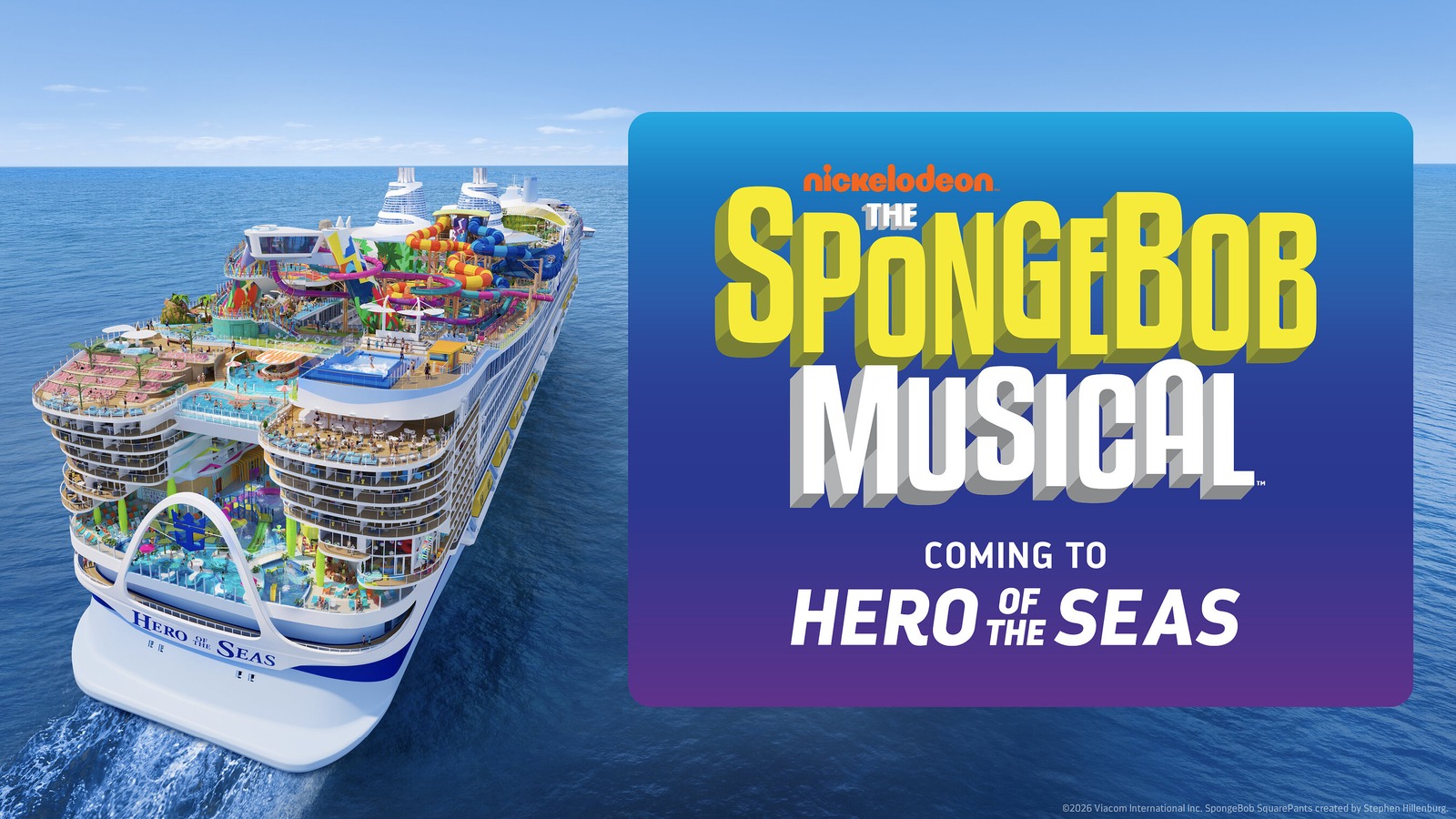 Royal Caribbean rendering of Hero of the Seas beside The SpongeBob Musical title graphic