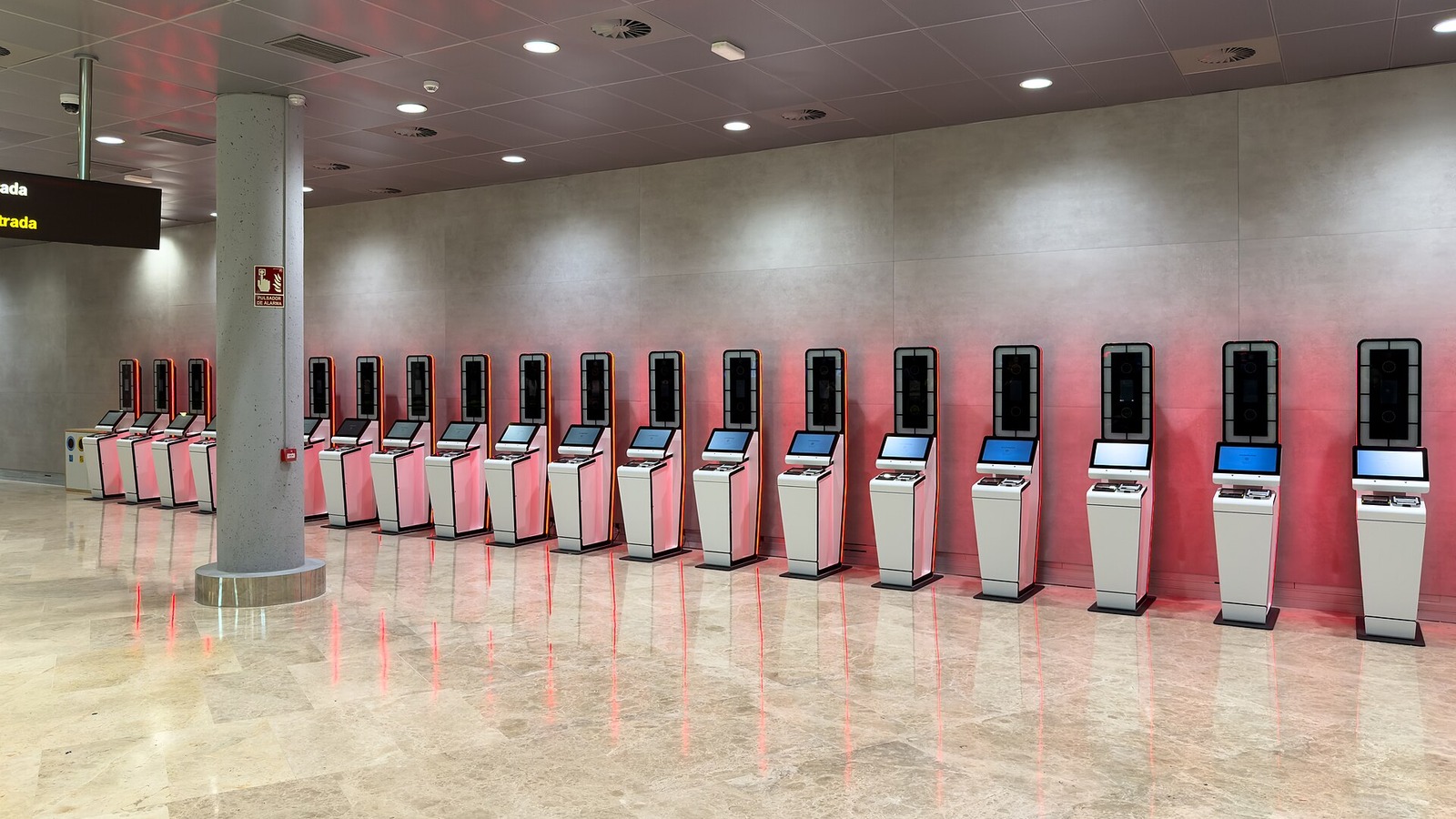 Row of EES biometric registration kiosks at Valencia Airport in an October 2025 file photo