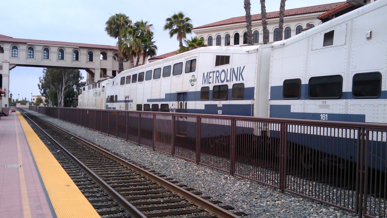 Metrolink Orange County Line train at Santa Ana station, southbound on the corridor that Metrolink is suspending October 10 to 11