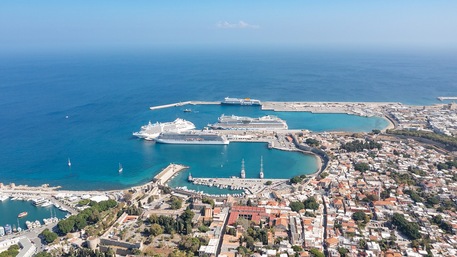 Aerial view of the tourist harbor near Rhodes Old Town in clear weather in an October 2021 file photo