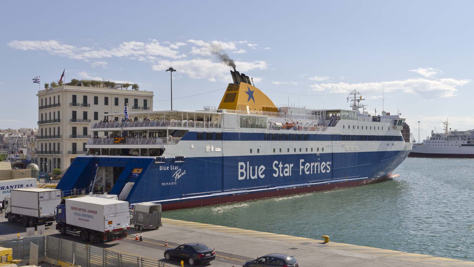 Blue Star Ferries vessel Blue Star Paros at a passenger quay in the Port of Piraeus, Greece