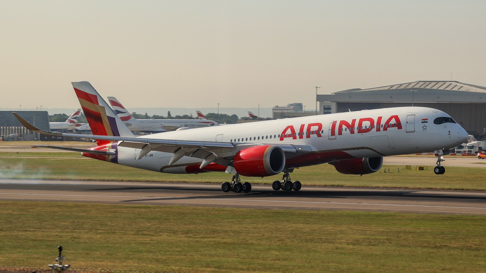 Air India Airbus A350-900 landing at London Heathrow in the carrier's current livery
