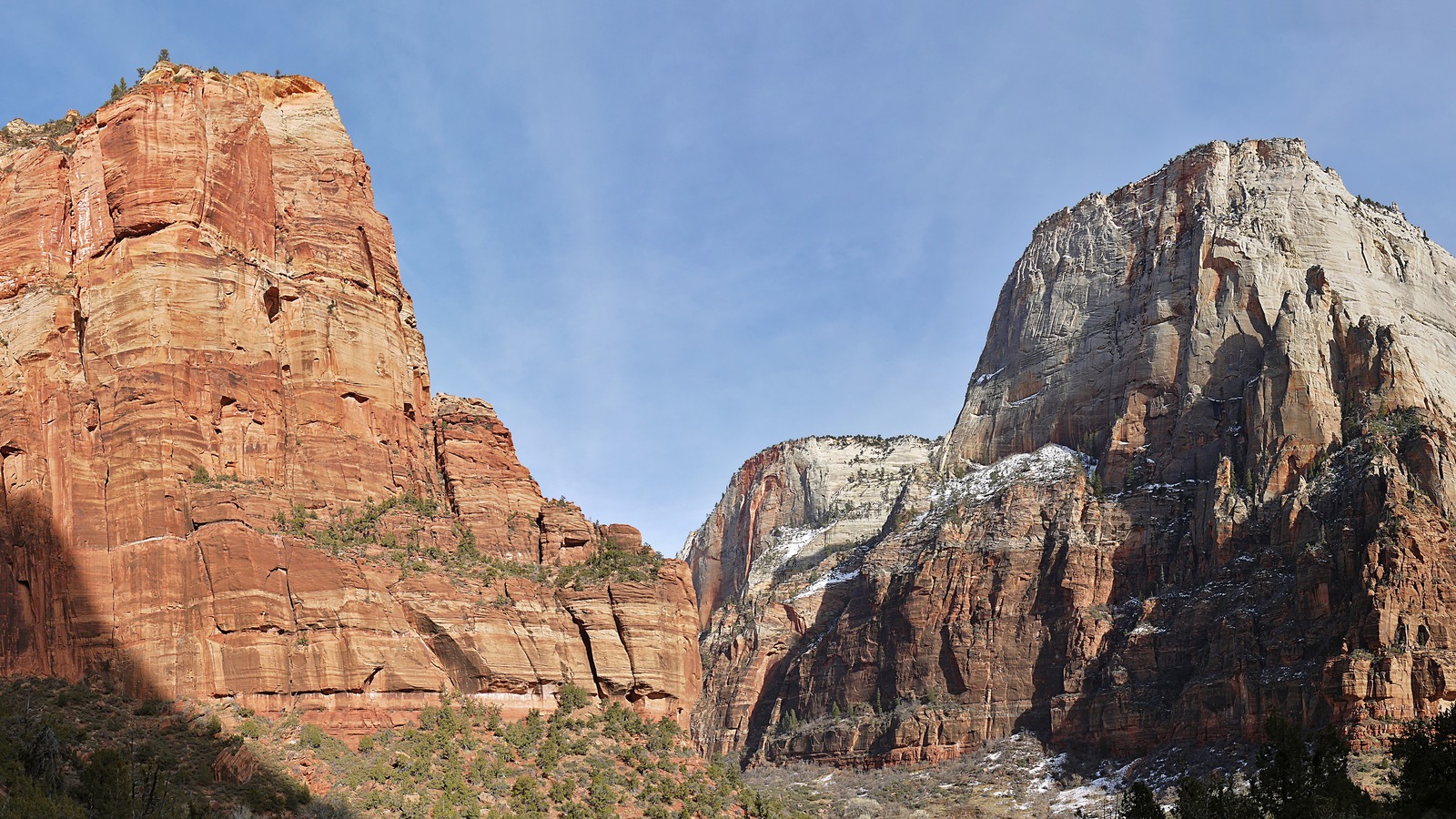 Angels Landing and the Great White Throne sandstone cliffs in Zion National Park with light snow