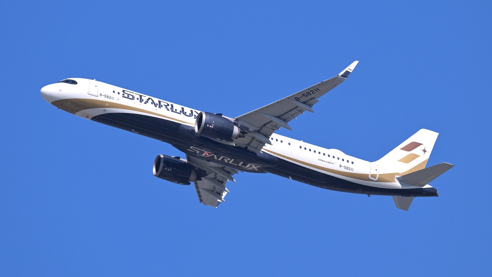 A white and navy Starlux Airbus A321neo with gold trim climbing against a clear blue sky after takeoff.
