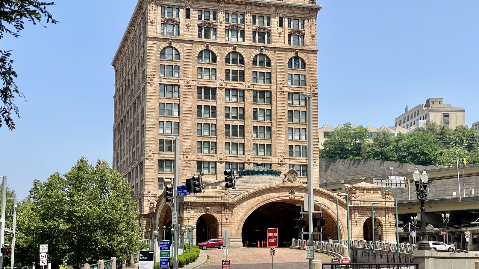 Daytime street-level exterior of Pittsburgh Union Station, the Pittsburgh terminus of the Amtrak Pennsylvanian