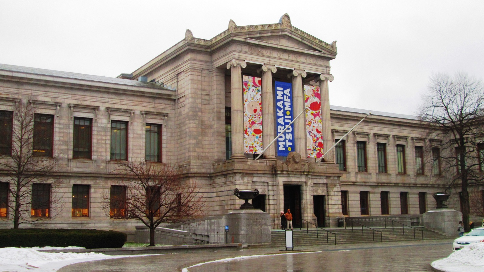 Museum of Fine Arts Boston Huntington Avenue facade on January17 2018; archival snow and Murakami banners, not October12 2026 openhouse