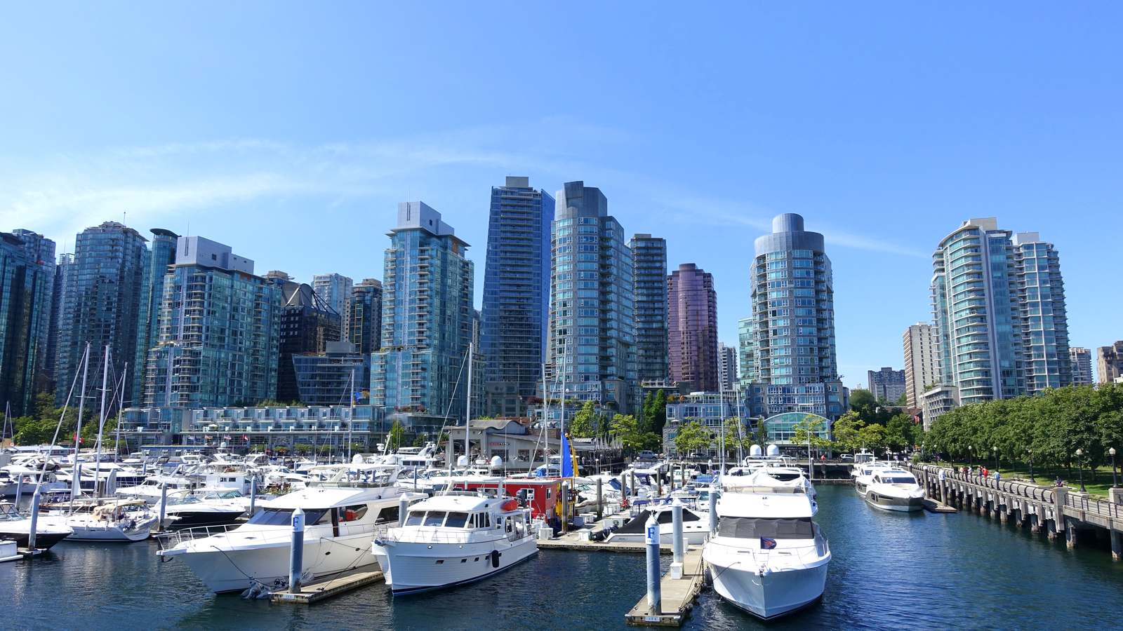 Downtown Vancouver towers rise behind boats moored at a Coal Harbour marina on a sunny day.